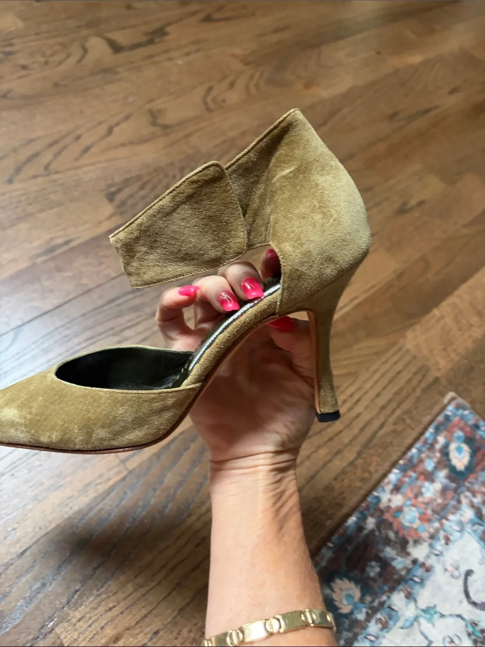 Manolo Blahnik Olive Suede Pointed-Toe Ankle-Strap Pumps